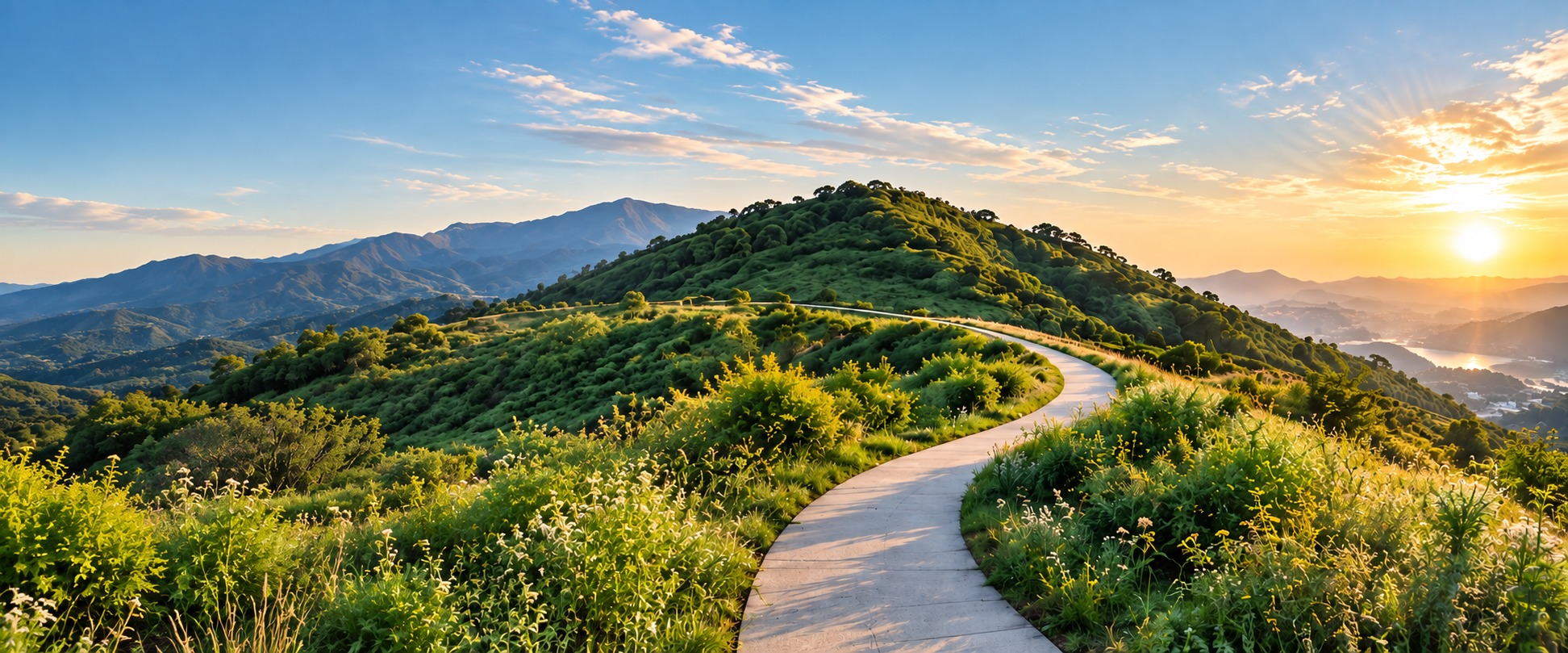 A winding path across a sunlit green hillside at sunrise