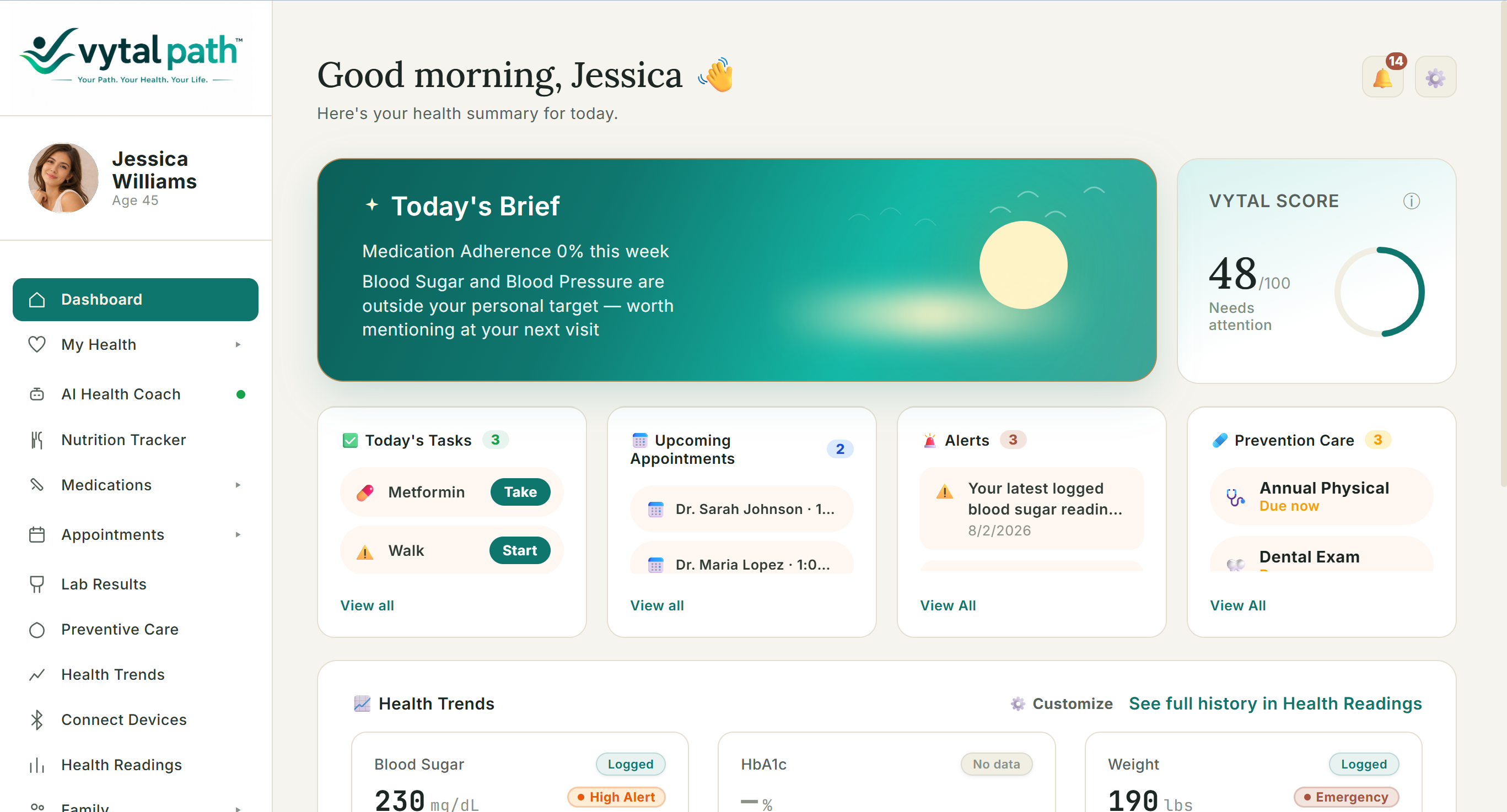Vytal Path dashboard showing health score, today's tasks, appointments, alerts, and latest readings