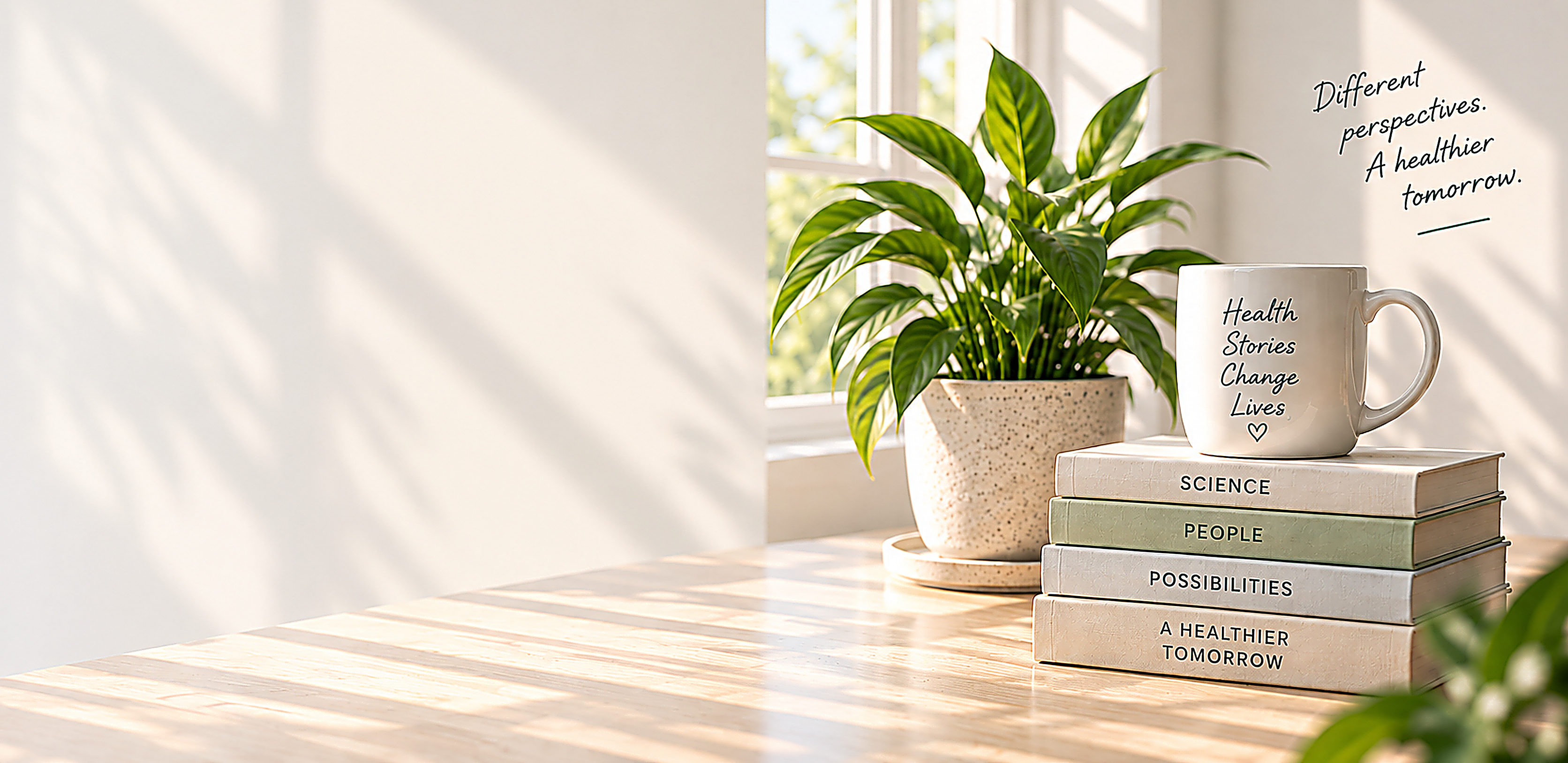 A sunlit desk with a plant, a mug reading Health Stories Change Lives, and a stack of books labeled Science, People, Possibilities, A Healthier Tomorrow