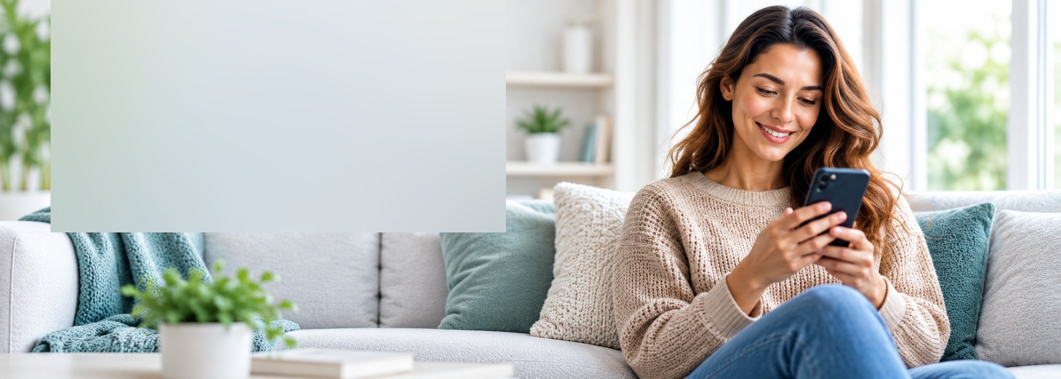 Woman smiling while checking her phone at home