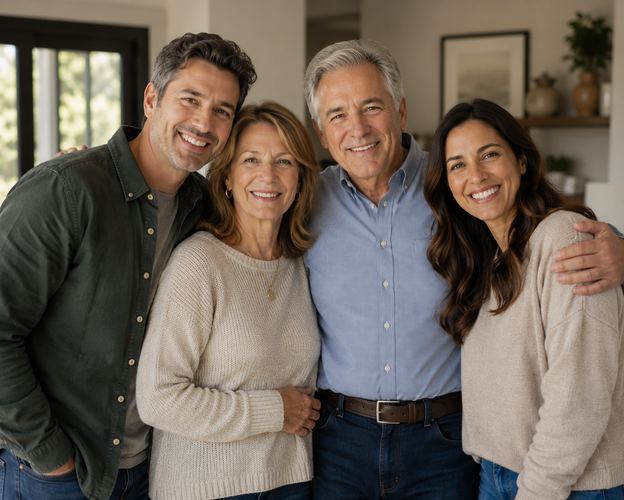 Multi-generational family of caregivers smiling together