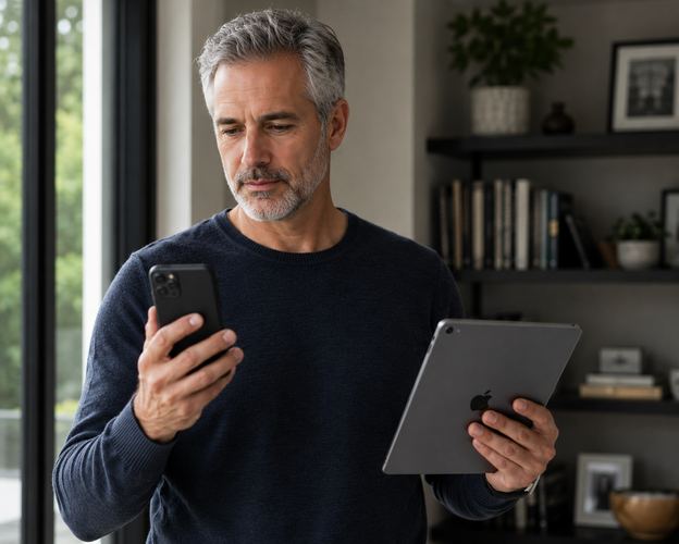 Man managing a chronic condition using his phone and tablet